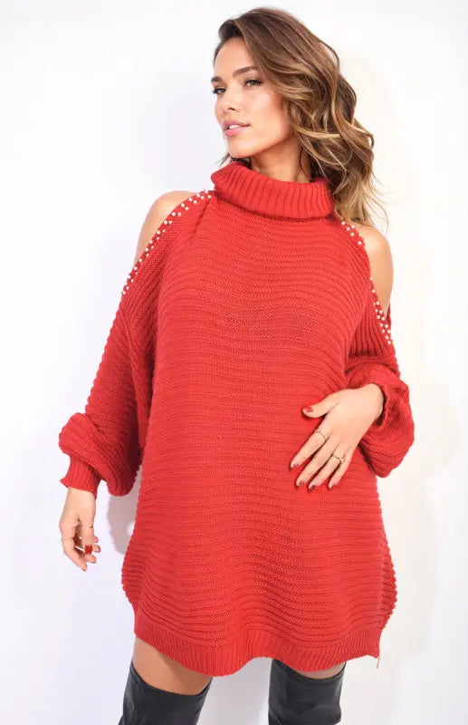 High Neck Oversized Open Shoulder Long Sleeve Knitted Jumper - jumper