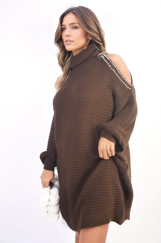 High Neck Oversized Open Shoulder Long Sleeve Knitted Jumper - jumper