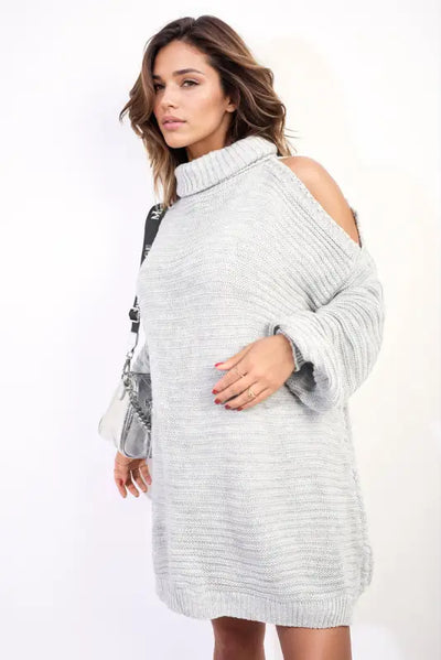 High Neck Oversized Open Shoulder Long Sleeve Knitted Jumper - jumper