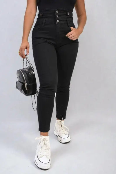 High Waist Button Skinny Jeans Elite Urban