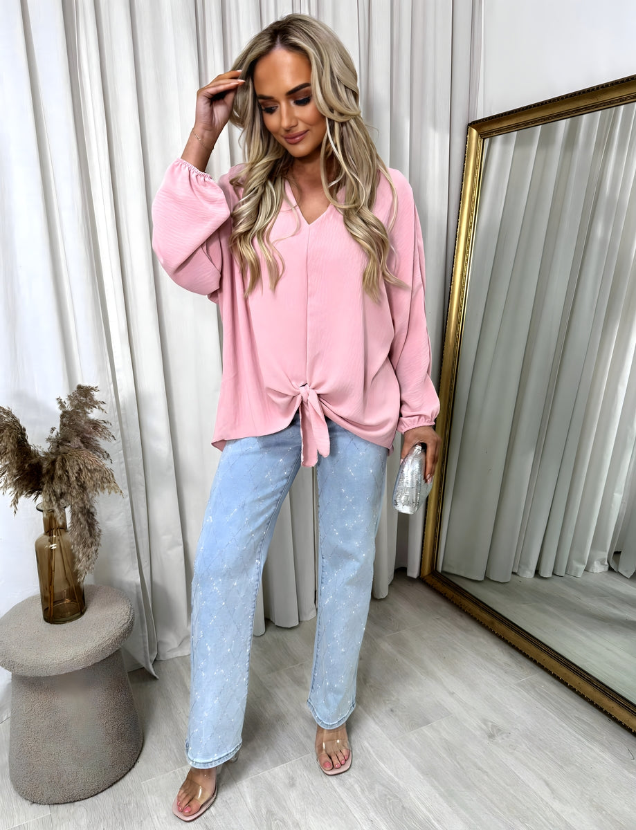 V-Neck Long Sleeve Tie Front Top