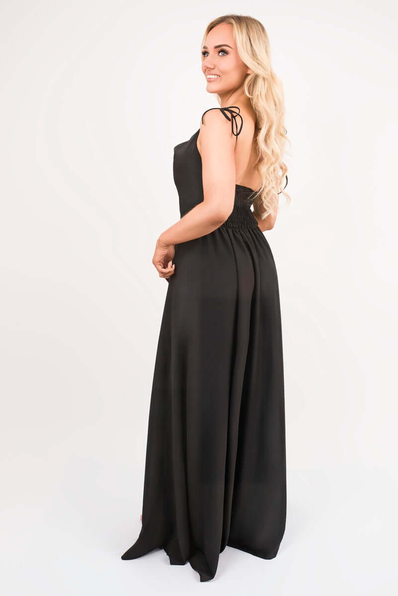 Cowl Neck Tie Strap Maxi Dress with Thigh Split by Moda