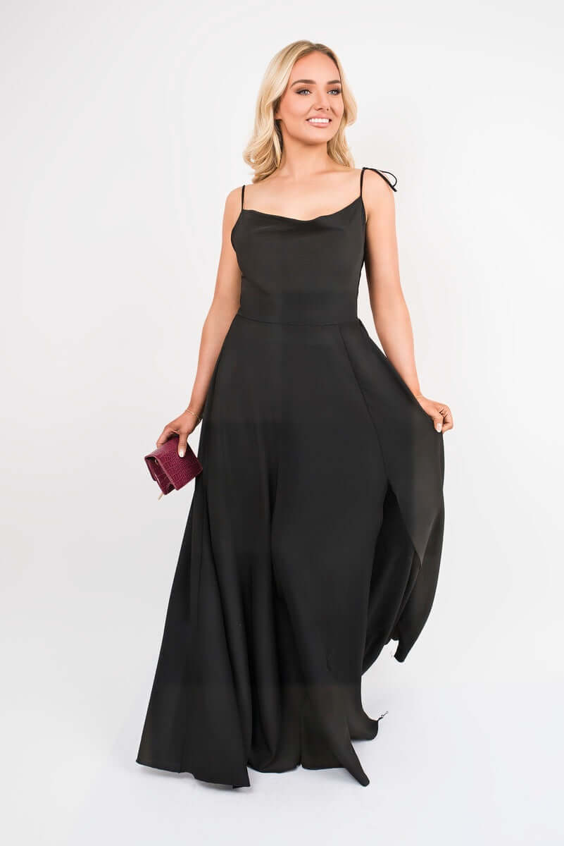 Cowl Neck Tie Strap Maxi Dress with Thigh Split by Moda