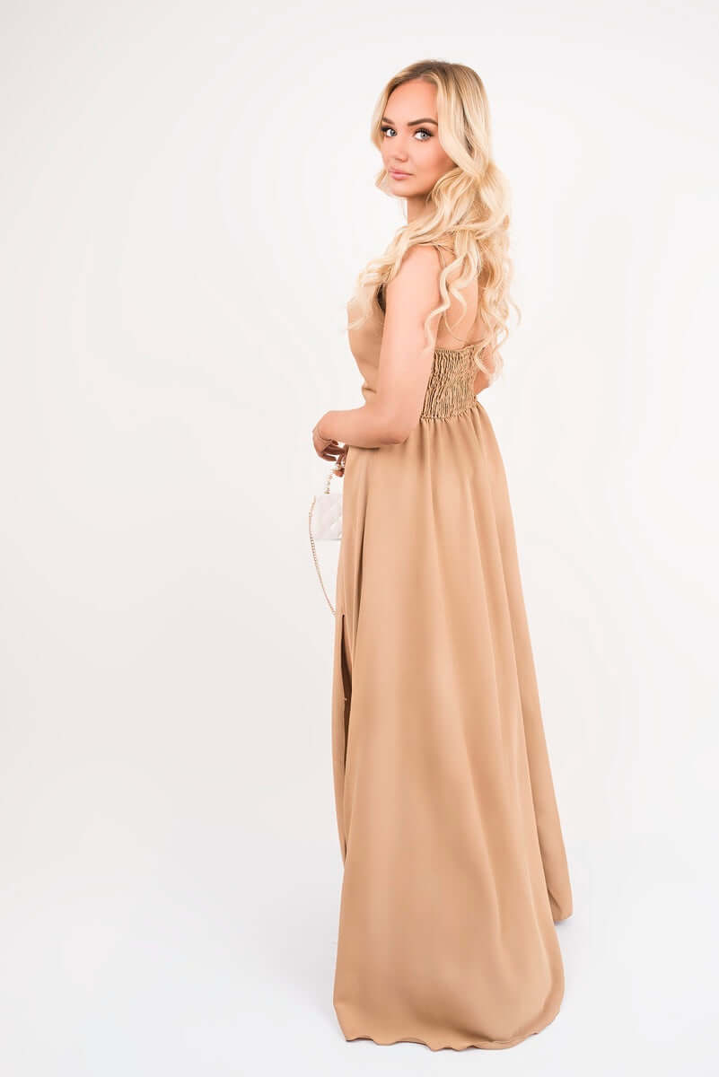 Cowl Neck Tie Strap Maxi Dress with Thigh Split by Moda