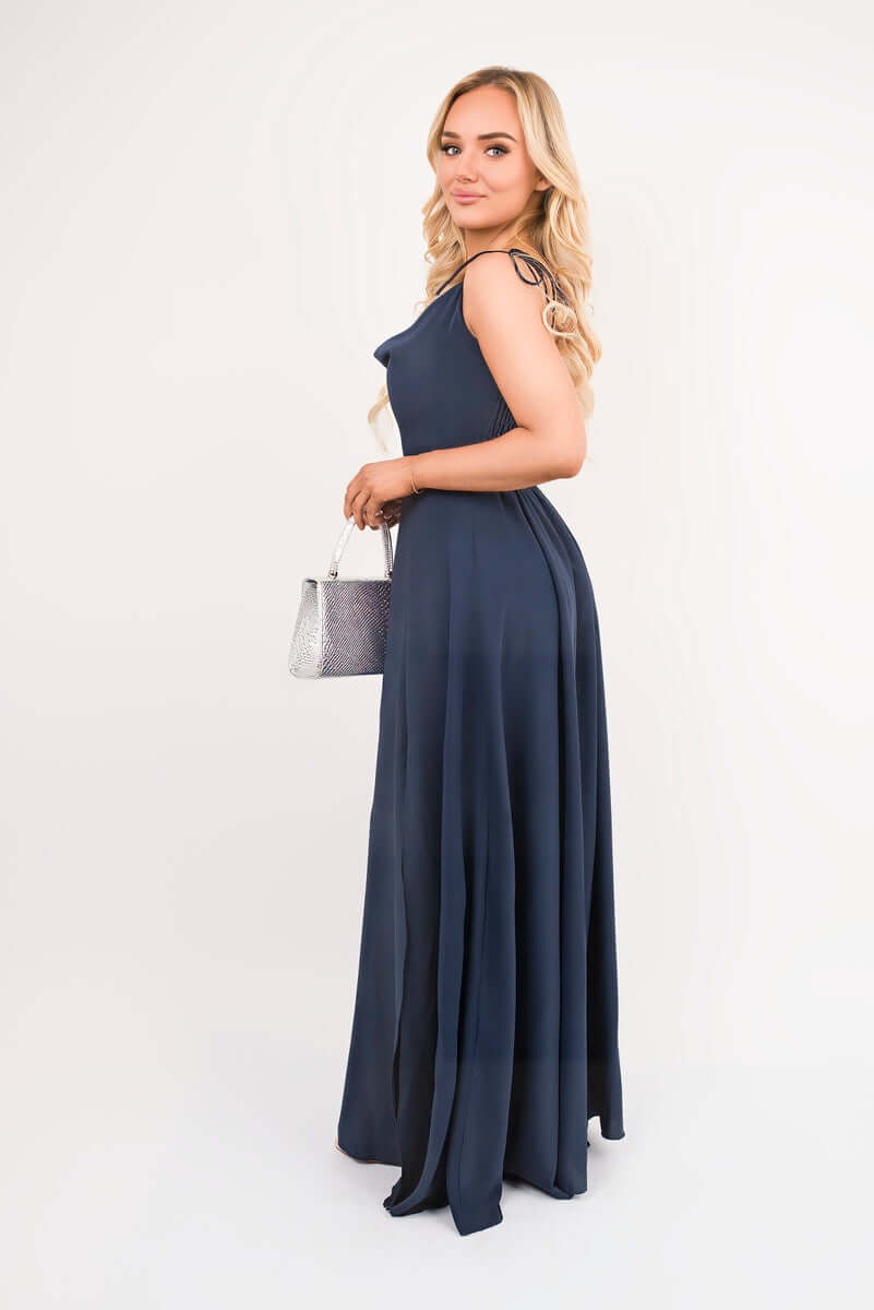 Cowl Neck Tie Strap Maxi Dress with Thigh Split by Moda