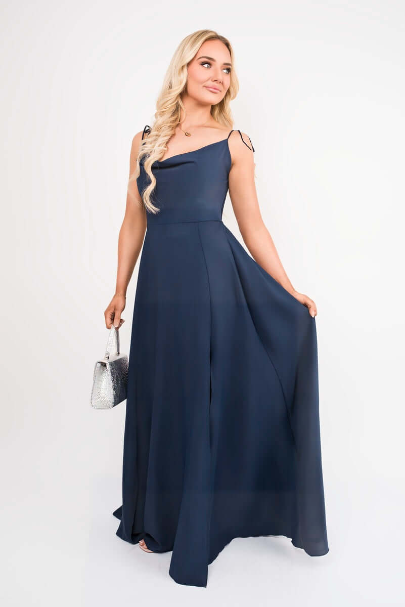 Cowl Neck Tie Strap Maxi Dress with Thigh Split by Moda