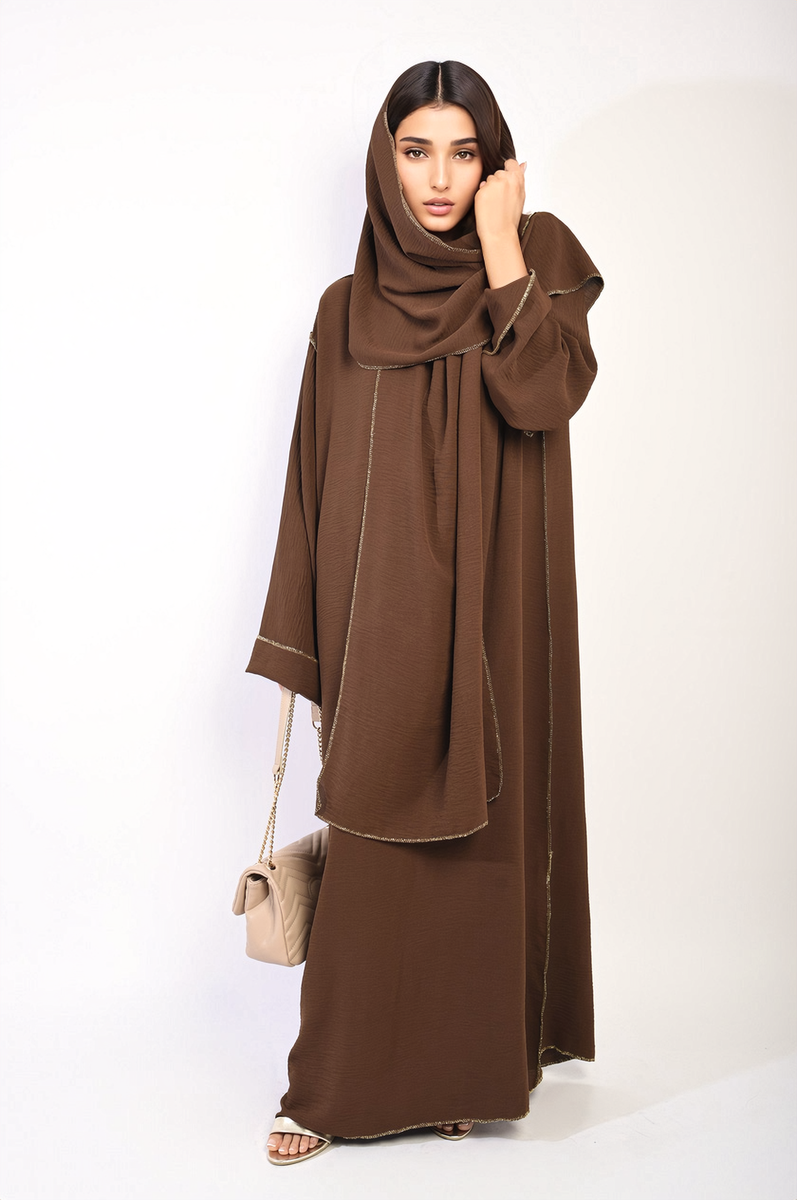Long Sleeve Closed Abaya Maxi Dress With Embellished Piping