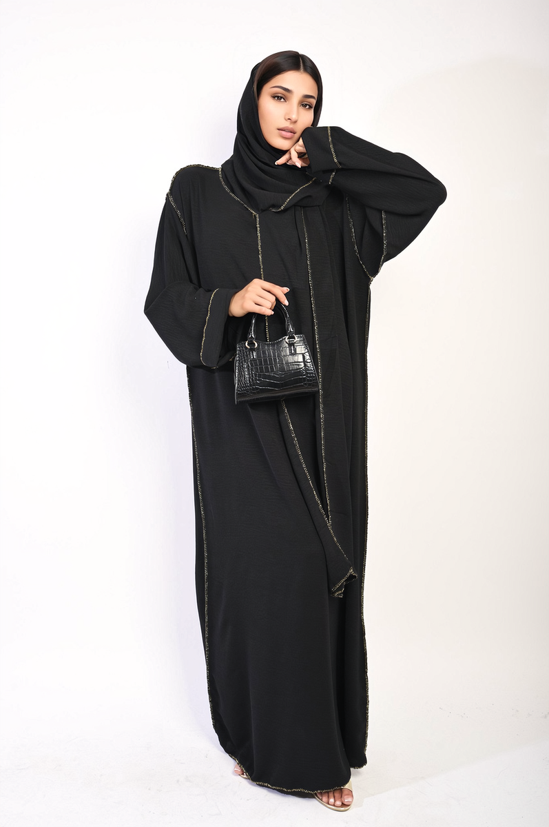 Long Sleeve Closed Abaya Maxi Dress With Embellished Piping by Moda