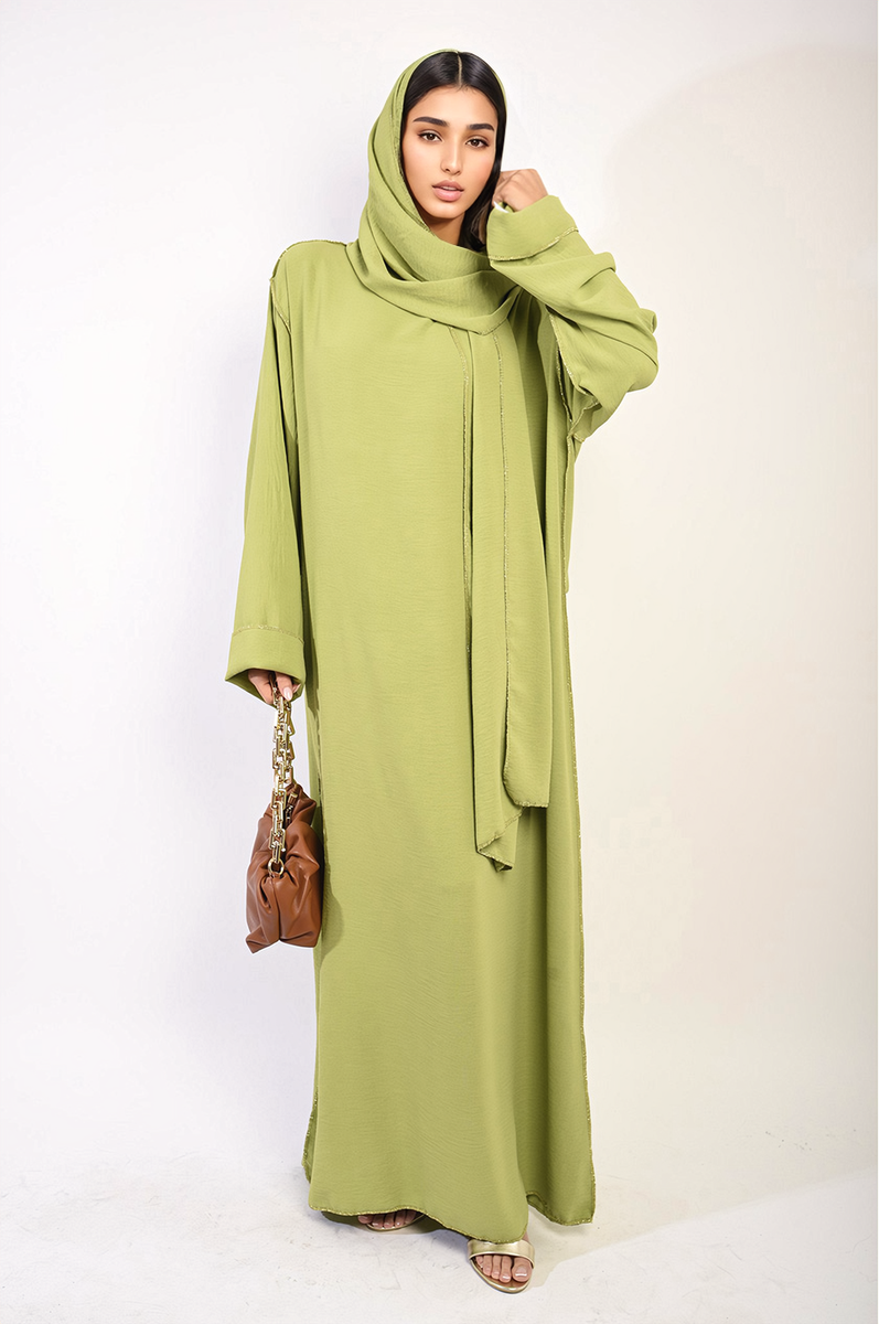 Long Sleeve Closed Abaya Maxi Dress With Embellished Piping