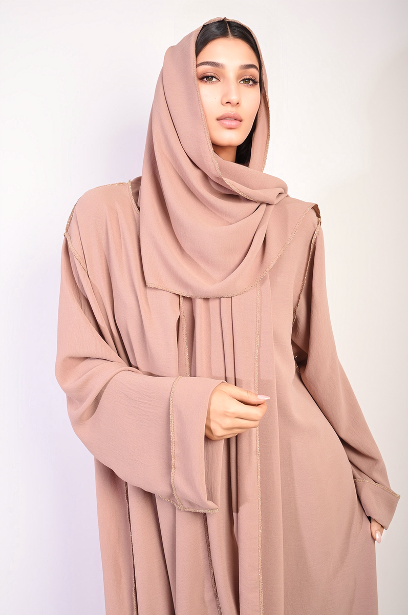 Long Sleeve Closed Abaya Maxi Dress With Embellished Piping