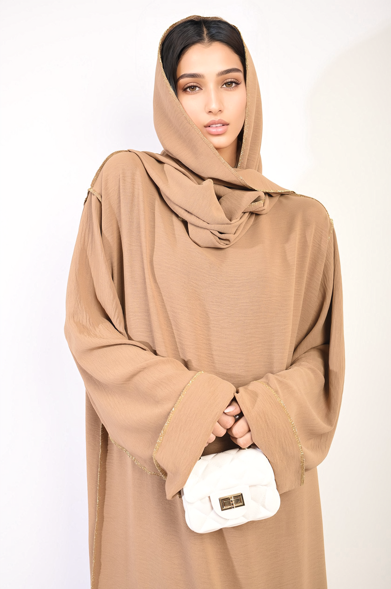 Long Sleeve Closed Abaya Maxi Dress With Embellished Piping by Moda