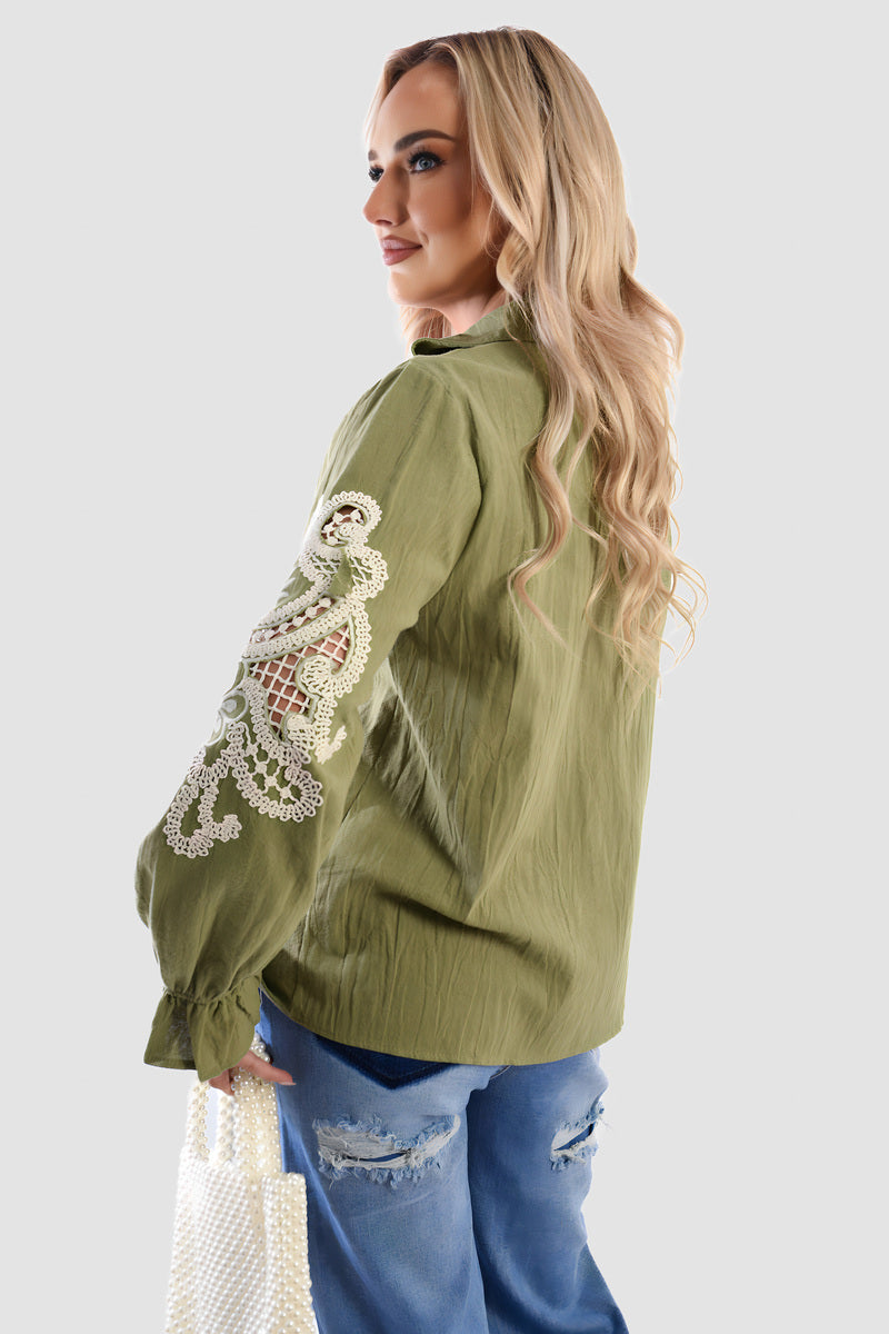 Buttoned Embroidered Balloon Sleeve Top