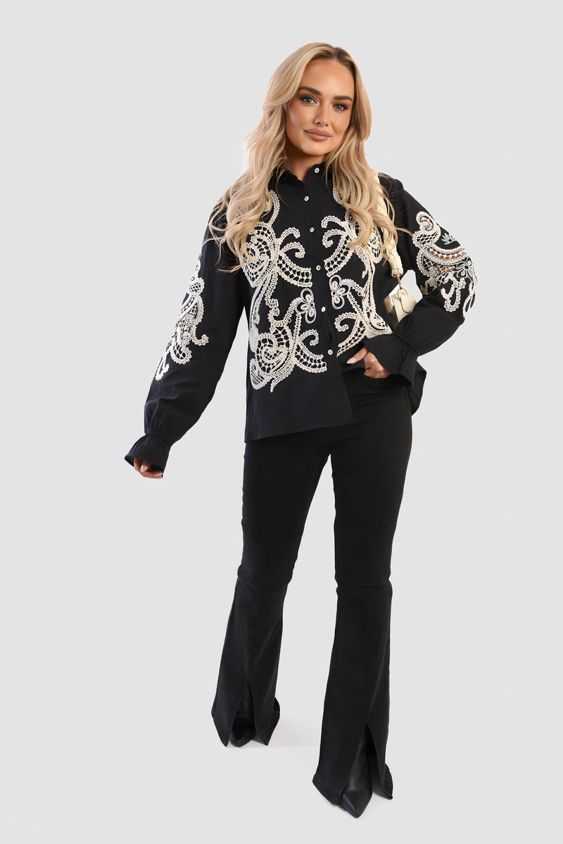 Buttoned Embroidered Balloon Sleeve Top
