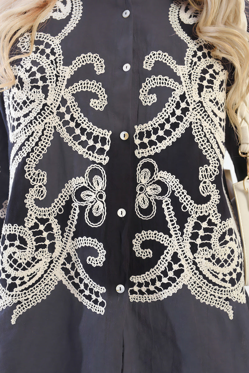 Buttoned Embroidered Balloon Sleeve Top