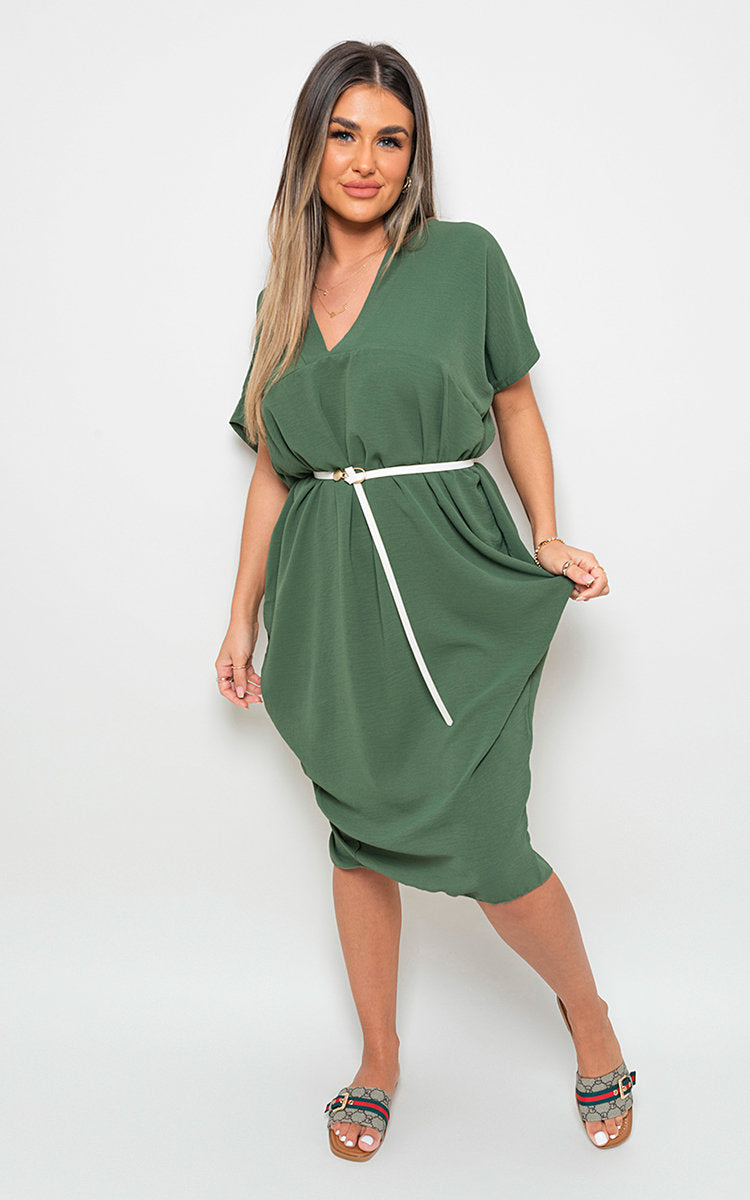 V-Neck Half-Sleeve Midi Dress by Moda
