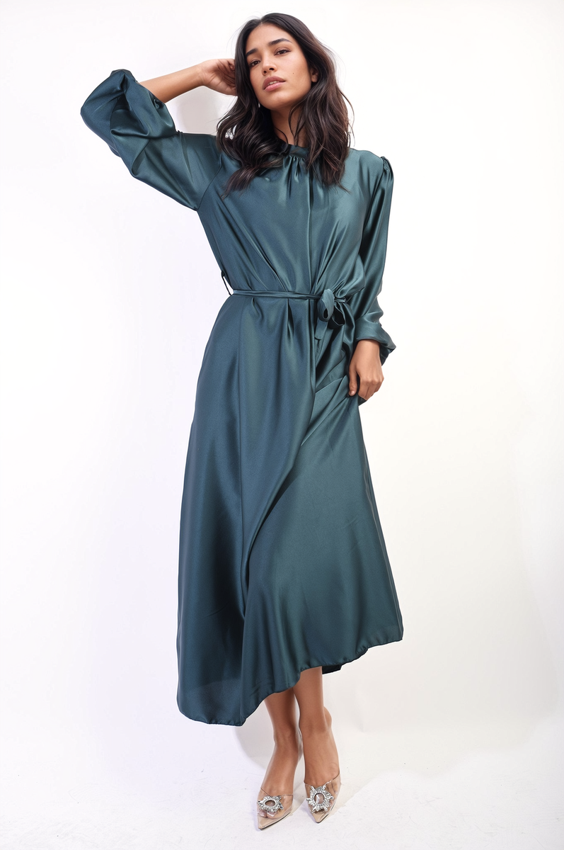 Long Sleeve High Neck Belted Maxi Dress