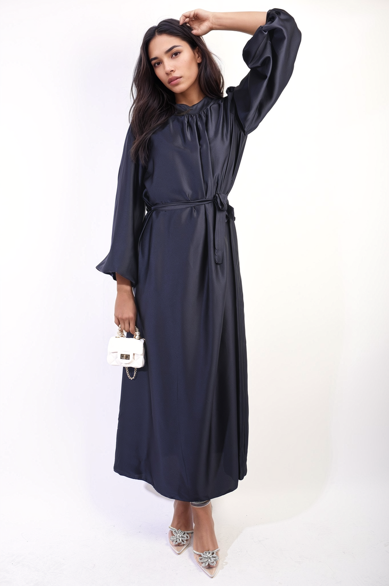 Long Sleeve High Neck Belted Maxi Dress by Moda