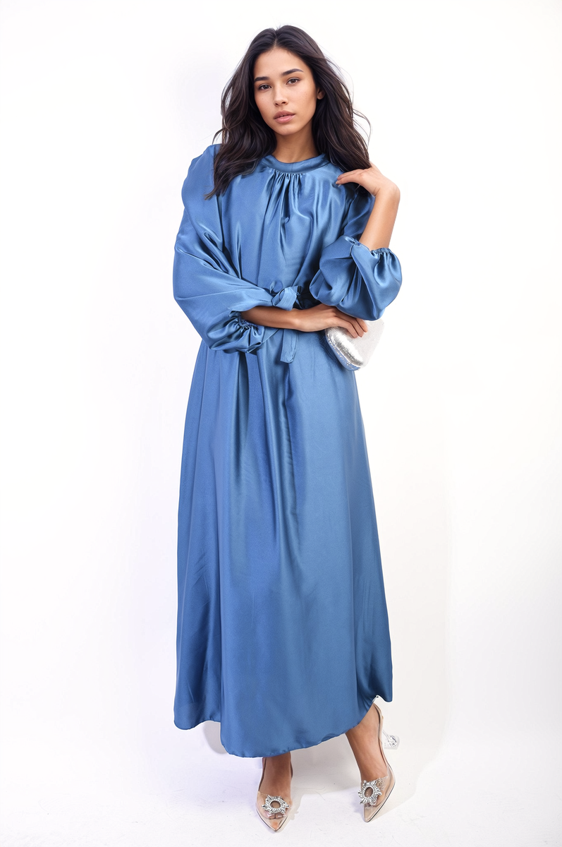 Long Sleeve High Neck Belted Maxi Dress by Moda