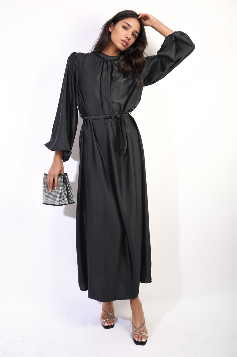Long Sleeve High Neck Belted Maxi Dress by Moda