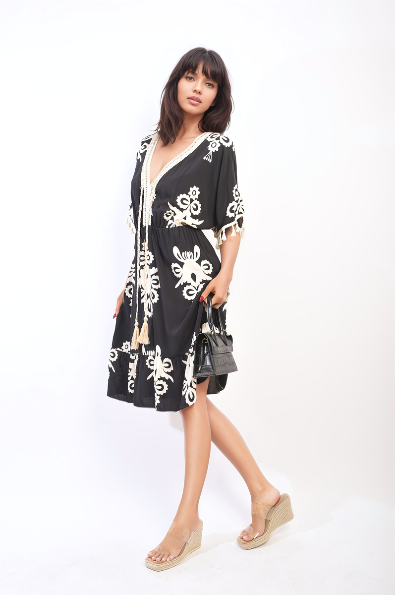Printed V-Neck Short Sleeve Midi Dress with Tassel Detail by Moda