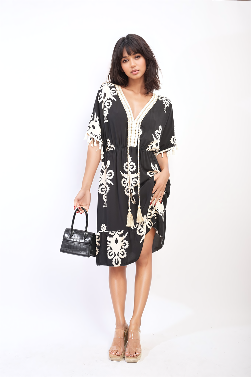 Printed V-Neck Short Sleeve Midi Dress with Tassel Detail by Moda