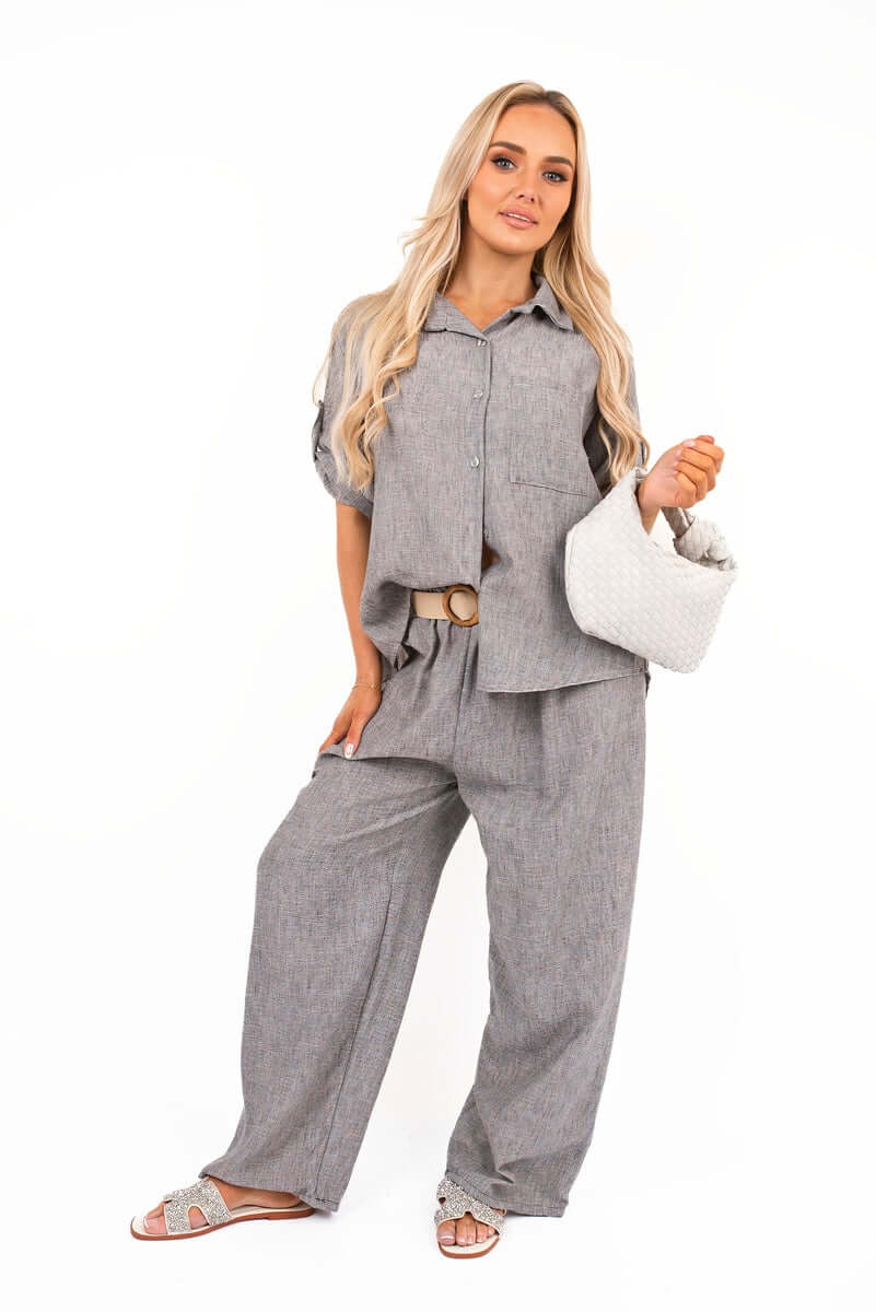 Rolled Sleeve Shirt and Trousers Co-ord Set with Belt by Moda