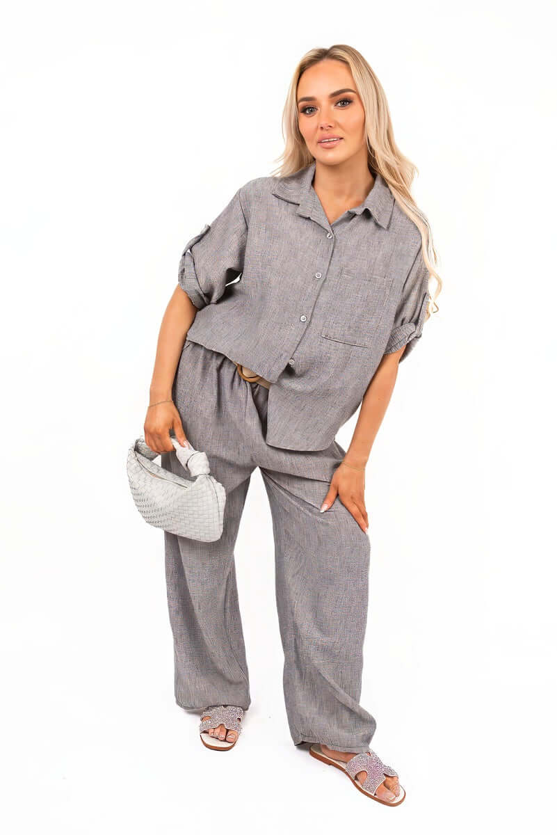 Rolled Sleeve Shirt and Trousers Co-ord Set with Belt by Moda