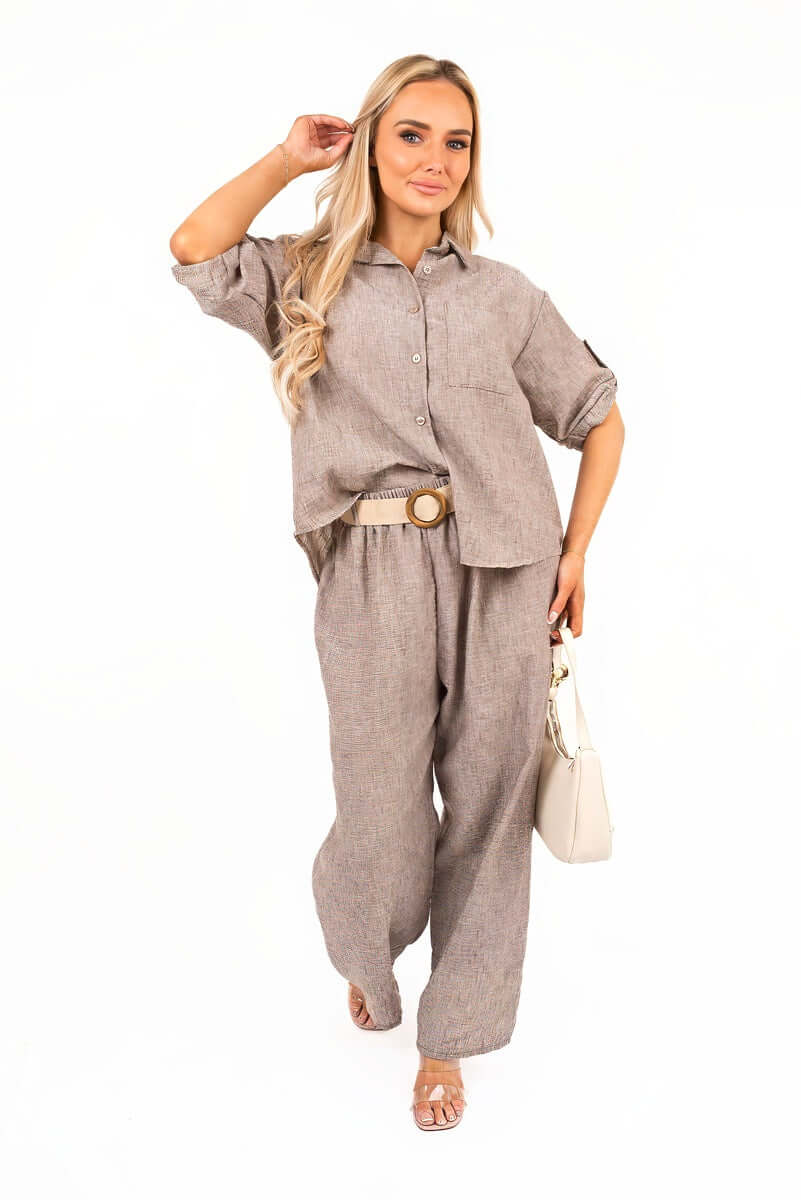 Rolled Sleeve Shirt and Trousers Co-ord Set with Belt by Moda