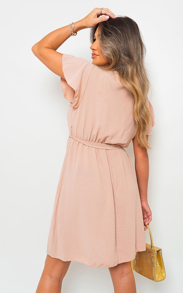 Butterfly Sleeve Belted Wrap Mini Dress