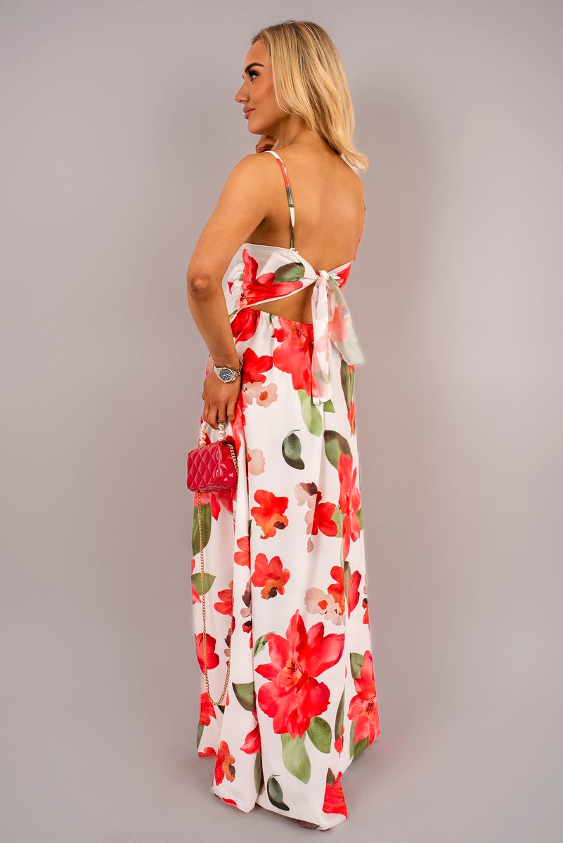 V Neck Spaghetti Strap Maxi Dress with Floral Print