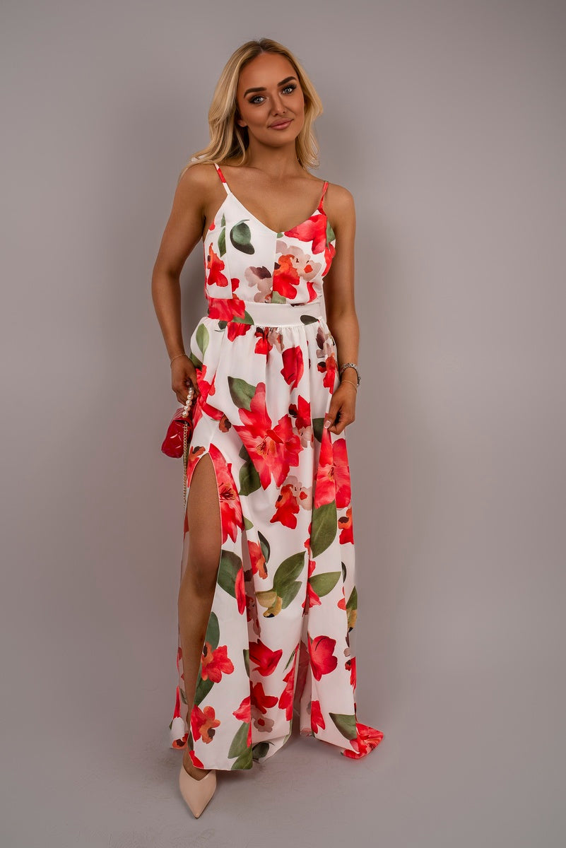 V Neck Spaghetti Strap Maxi Dress with Floral Print