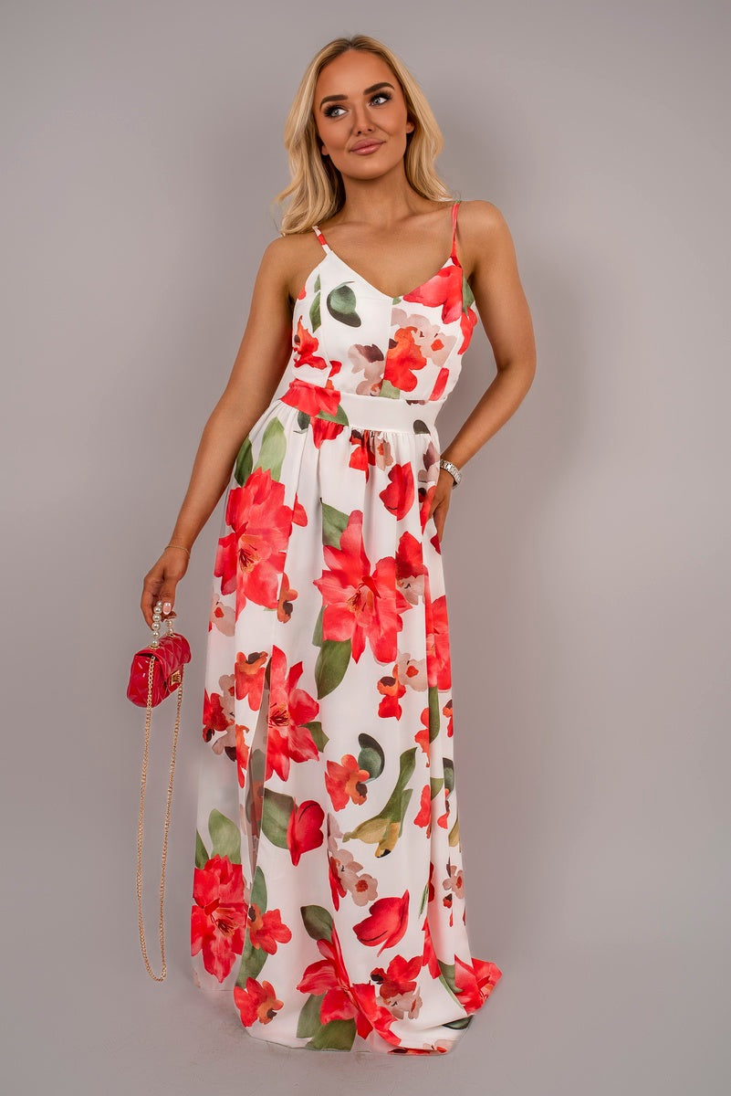 V Neck Spaghetti Strap Maxi Dress with Floral Print