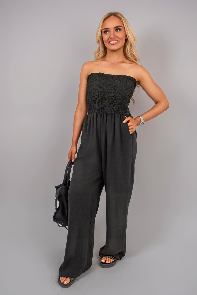 Strapless Shirred Bandeau Wide Leg Jumpsuit
