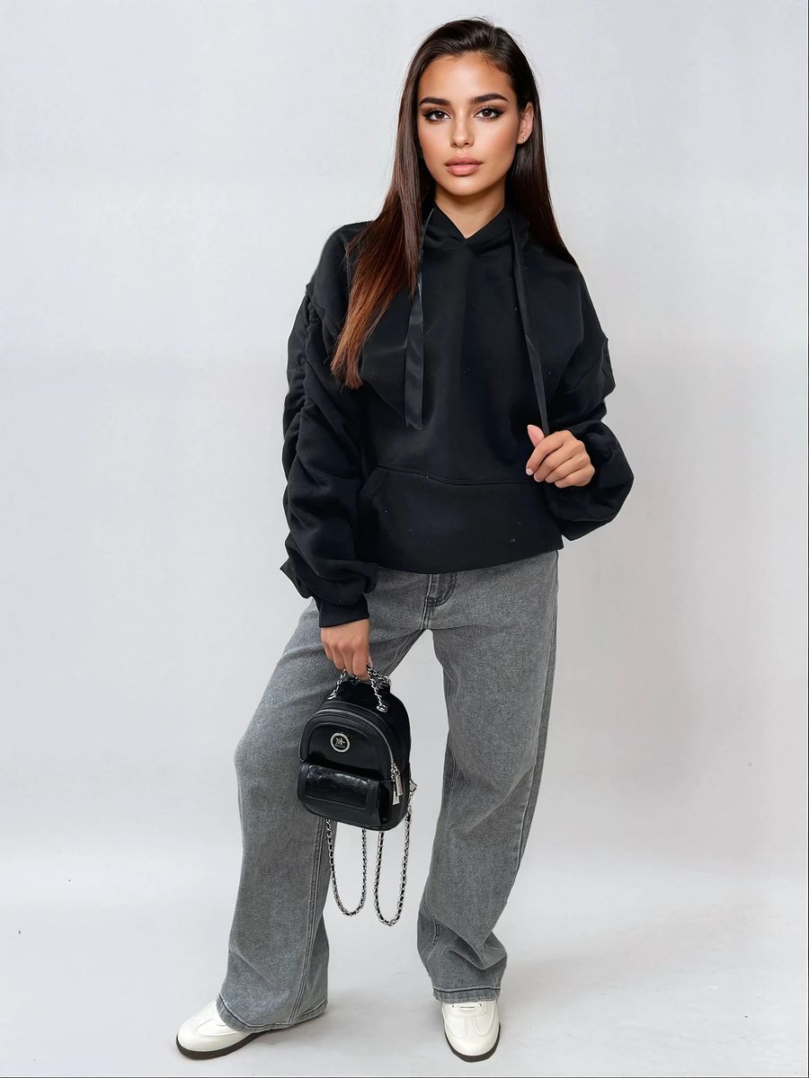 Ruched Sleeve Oversized Hoodie with Front Pouch Pocket