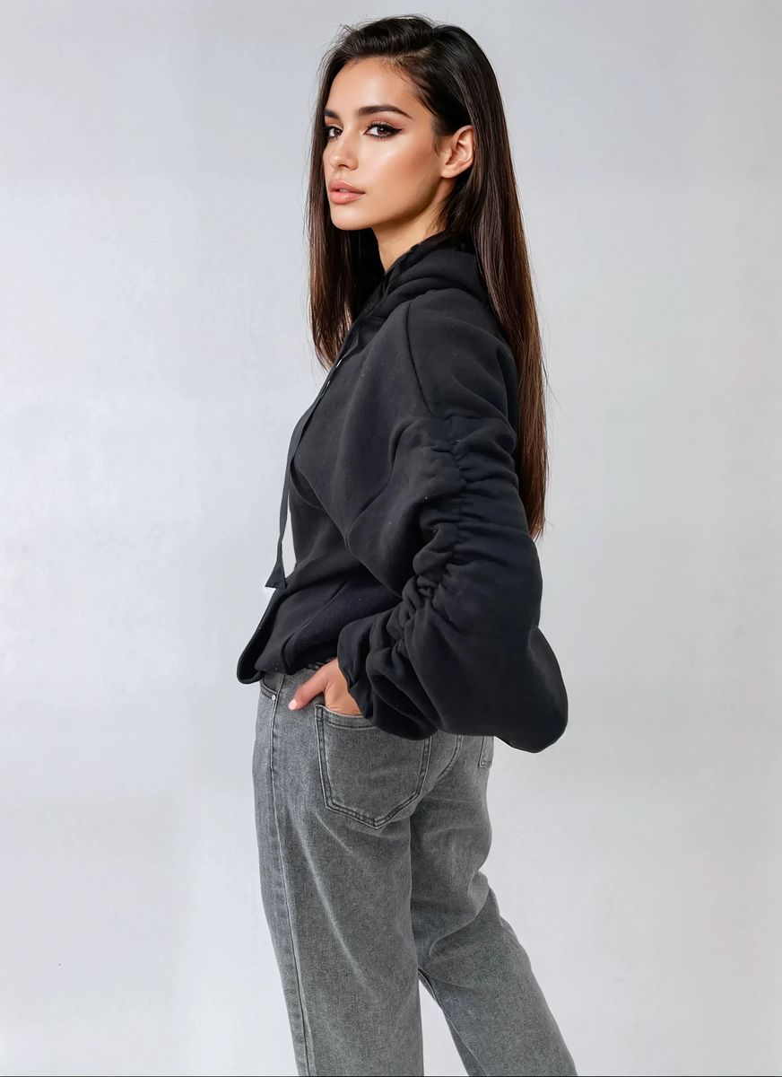 Ruched Sleeve Oversized Hoodie with Front Pouch Pocket