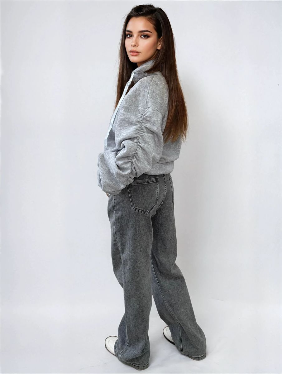 Ruched Sleeve Oversized Hoodie with Front Pouch Pocket