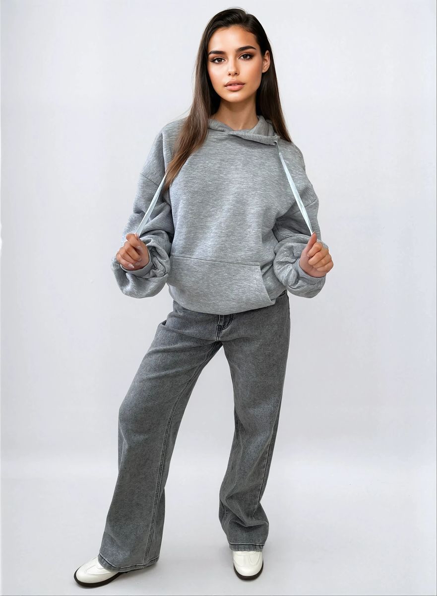 Ruched Sleeve Oversized Hoodie with Front Pouch Pocket