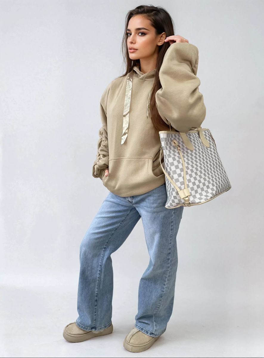 Ruched Sleeve Oversized Hoodie with Front Pouch Pocket