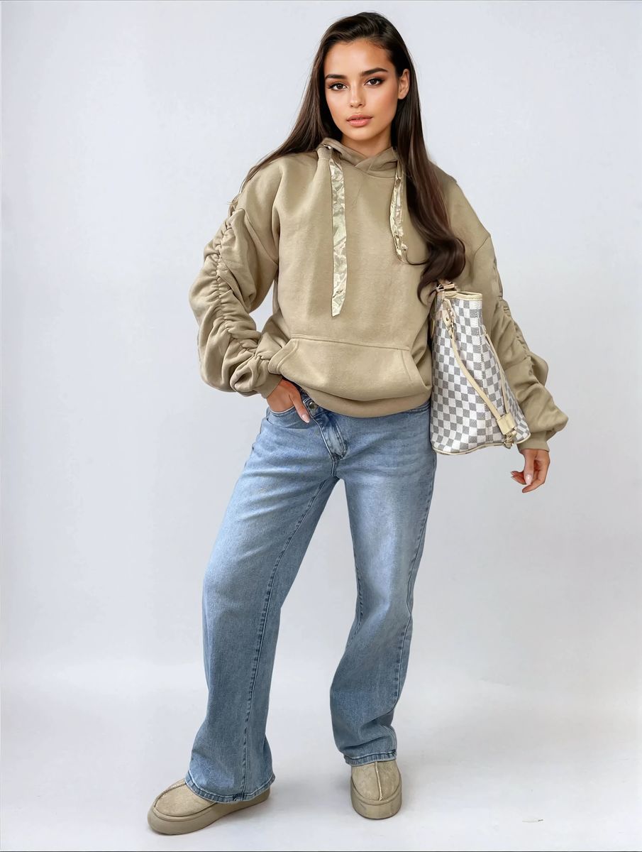 Ruched Sleeve Oversized Hoodie with Front Pouch Pocket