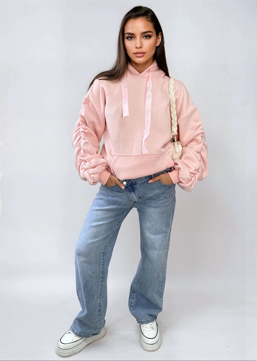 Ruched Sleeve Oversized Hoodie with Front Pouch Pocket