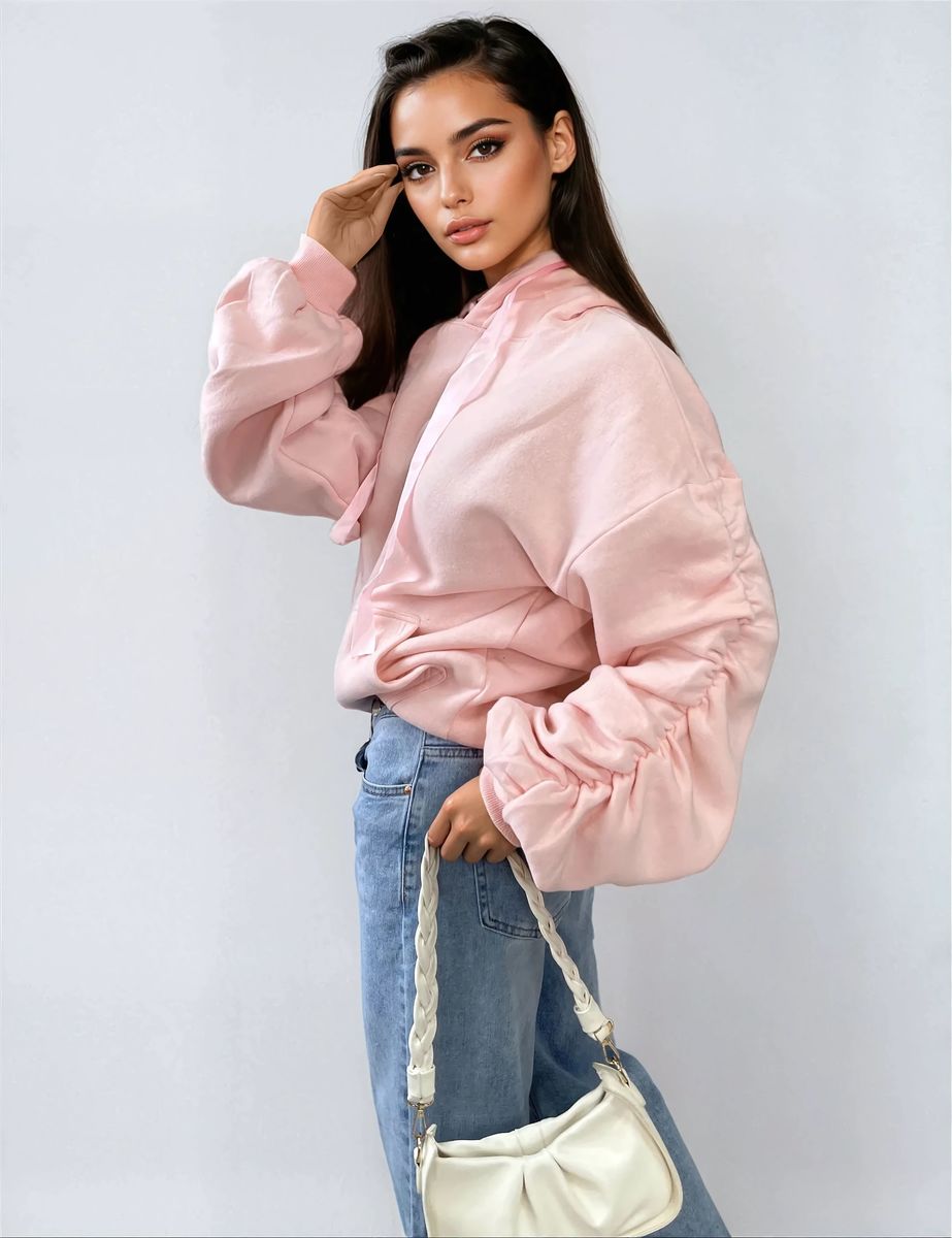 Ruched Sleeve Oversized Hoodie with Front Pouch Pocket