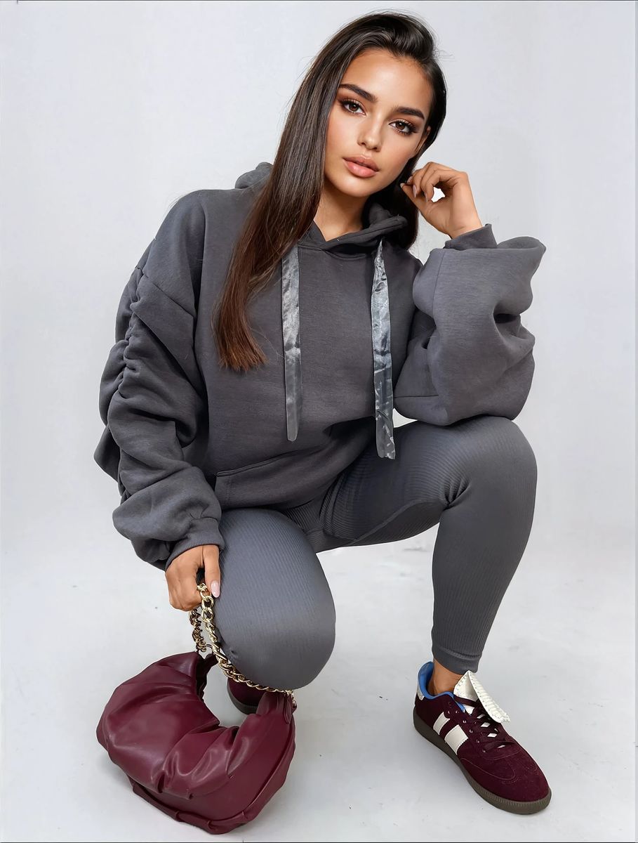 Ruched Sleeve Oversized Hoodie with Front Pouch Pocket