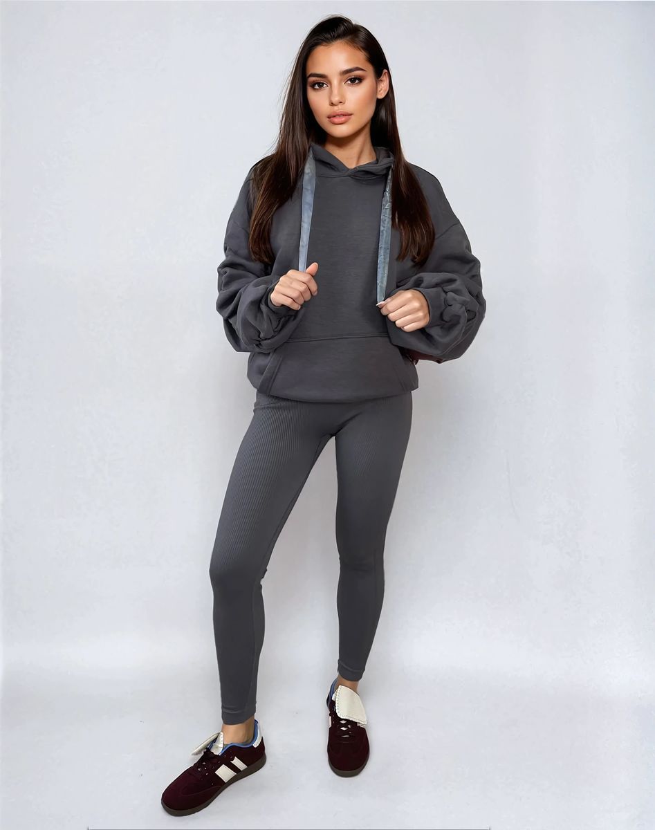Ruched Sleeve Oversized Hoodie with Front Pouch Pocket