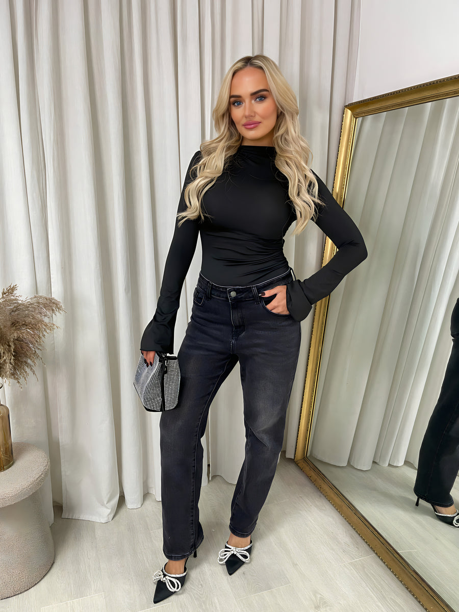 Ruched High Neck Flare Long Sleeve Top