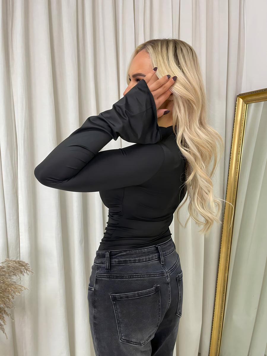 Ruched High Neck Flare Long Sleeve Top