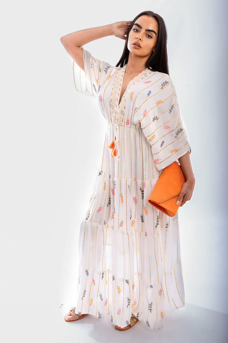 V-Neck Tassel Printed Detail Maxi Dress