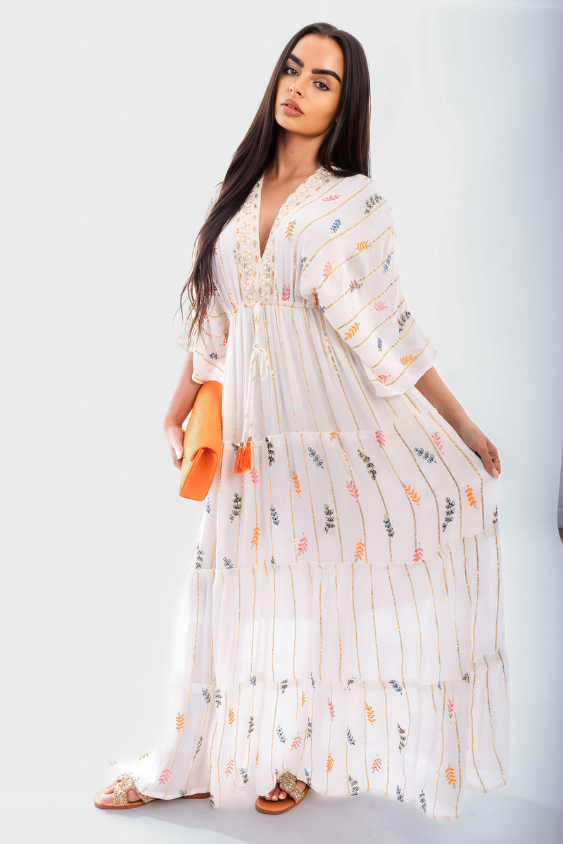 V-Neck Tassel Printed Detail Maxi Dress