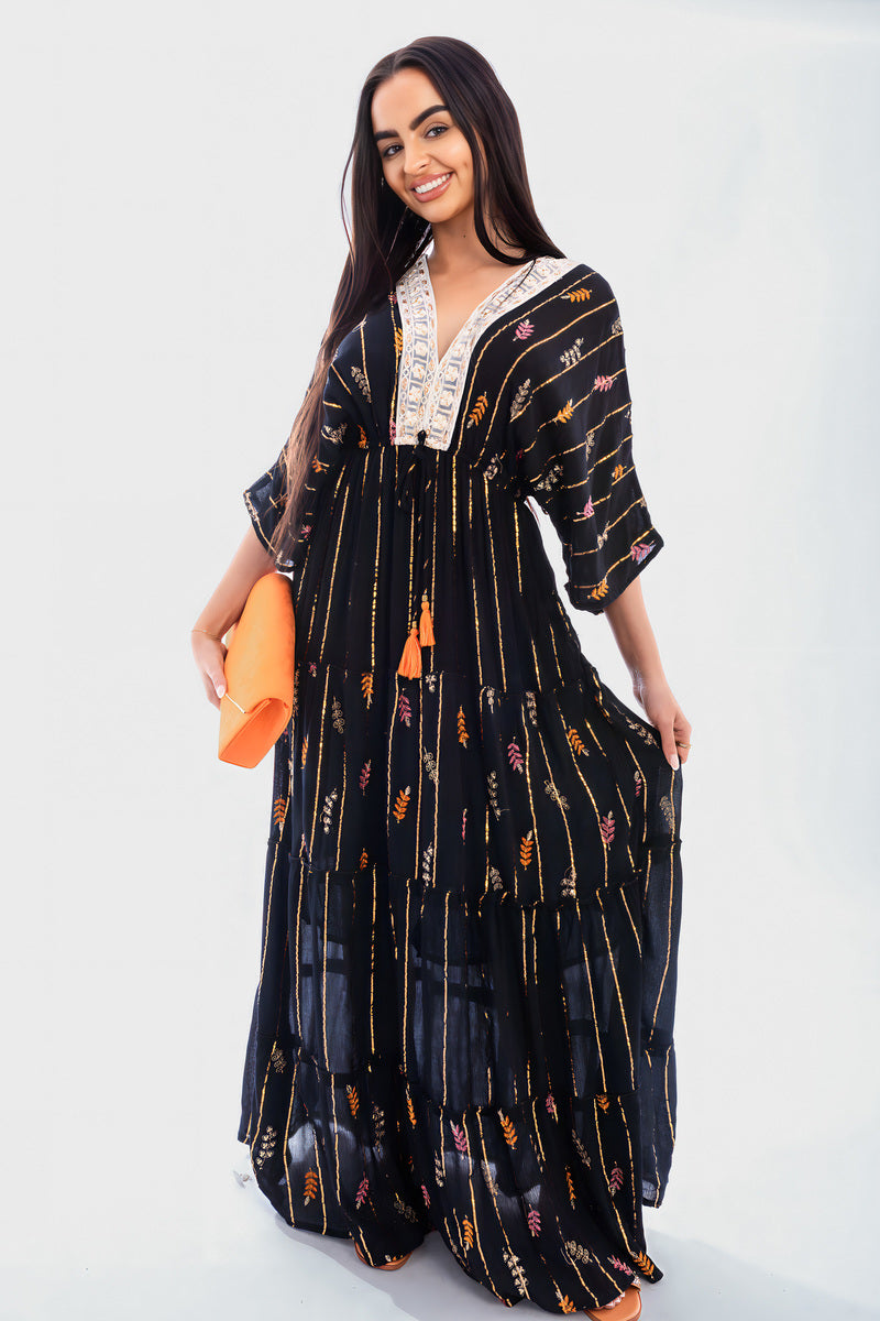 V-Neck Tassel Printed Detail Maxi Dress