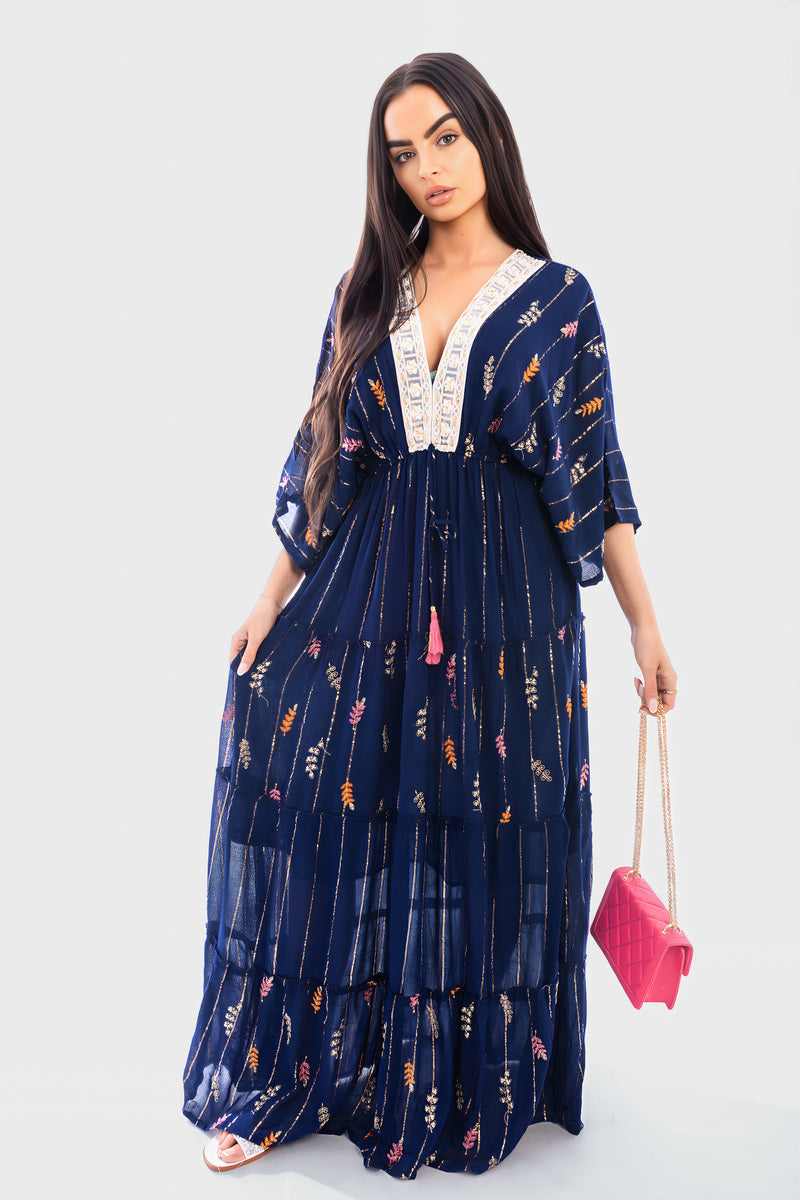 V-Neck Tassel Printed Detail Maxi Dress