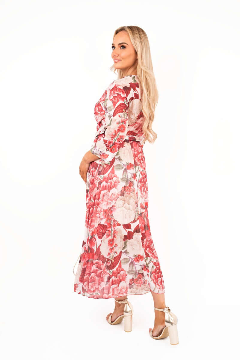 Long Sleeve Floral Pleated Maxi Dress with Wrap Neckline by Moda